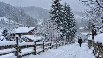 Kar yağışı altında beyaza bürünmüş köy yolunda yürüyen kişi