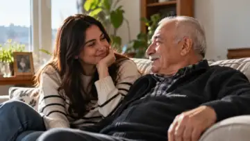 Ev ortamında yetişkin bir kadın ile yaşlı bir erkeğin sevgiyle sohbet ettiği temsilî aile anısı