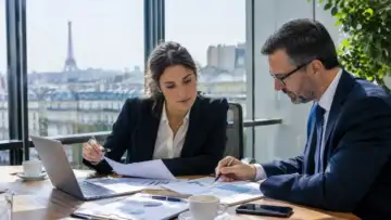 Paris manzaralı kurumsal toplantı odasında sigorta prim gelirlerine ilişkin finansal tabloları inceleyen uzmanlar; temsili görsel