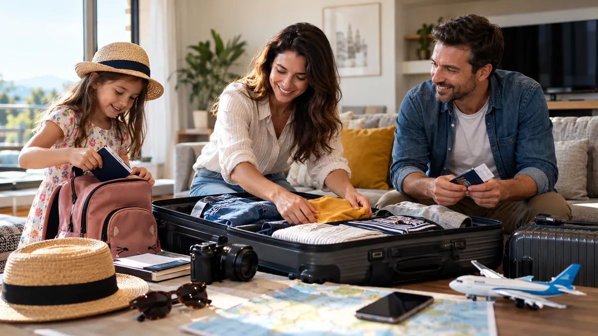 Pasaportlarını ve bavullarını hazırlayan aile ve çocukları