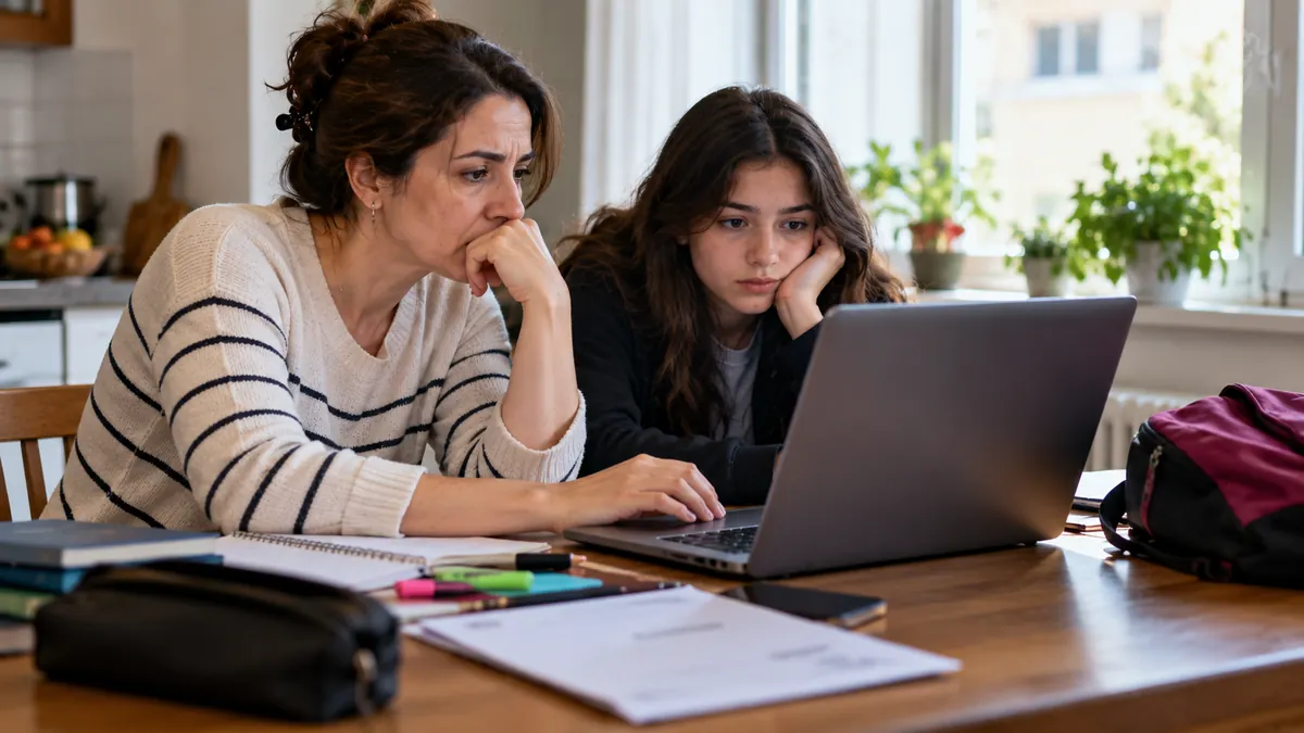 Evinde dizüstü bilgisayardan okul bilgilerini inceleyen anne ve lise öğrencisi