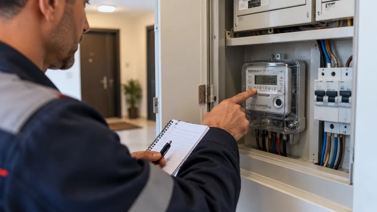 Apartman elektrik panosundaki sayacın okumasını kontrol eden yetkili teknisyen