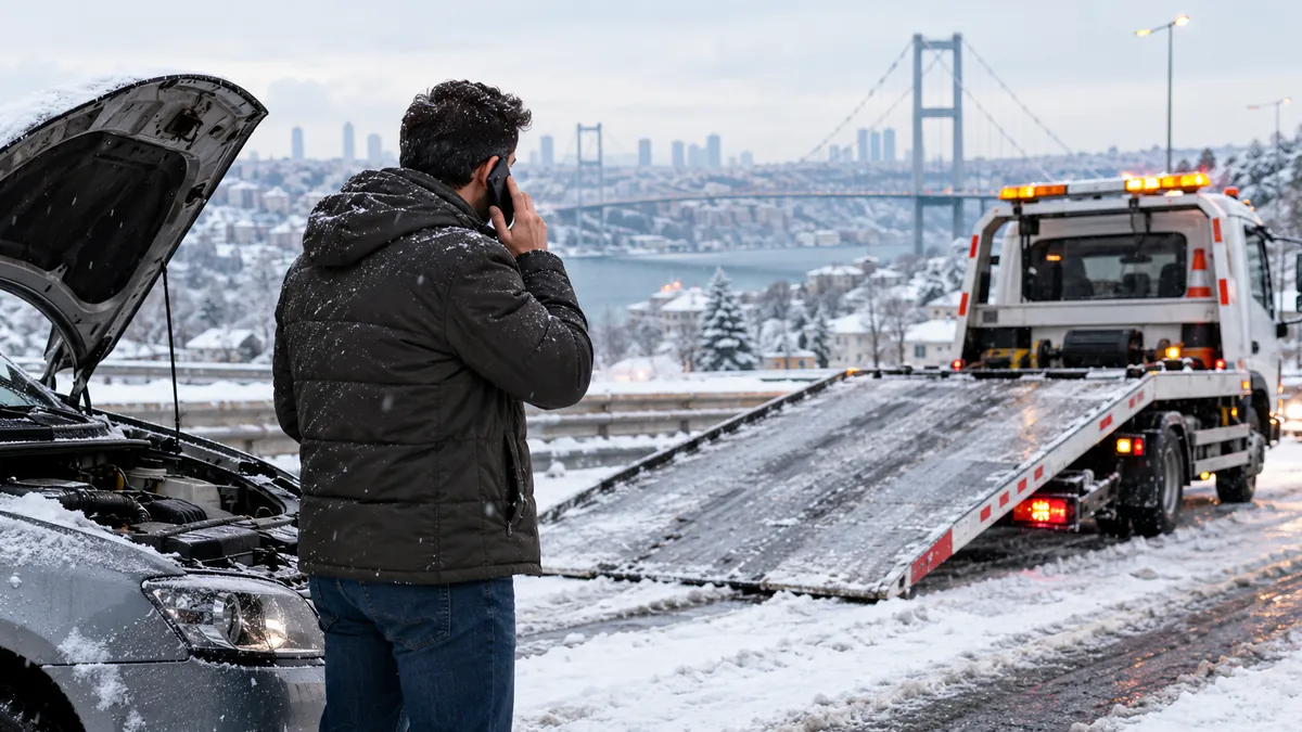 Karlı yol kenarında arızalanmış otomobilin yanında çekici beklerken telefonla yardım isteyen sürücü