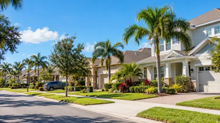 Florida'da güneşli bir mahallede bahçeli müstakil evler, konut sigortası piyasası temsili