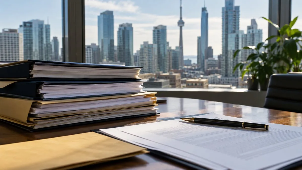 Toronto kent silüeti önünde masada hayat sigortası sözleşmelerini temsil eden dosyalar ve kalem
