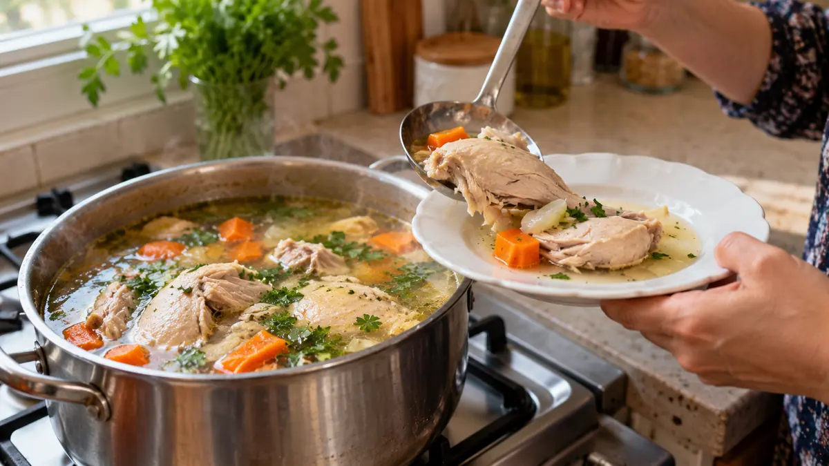 Tencerede havuç ve aromatik otlarla haşlanan tavuk, tabakta servis ediliyor