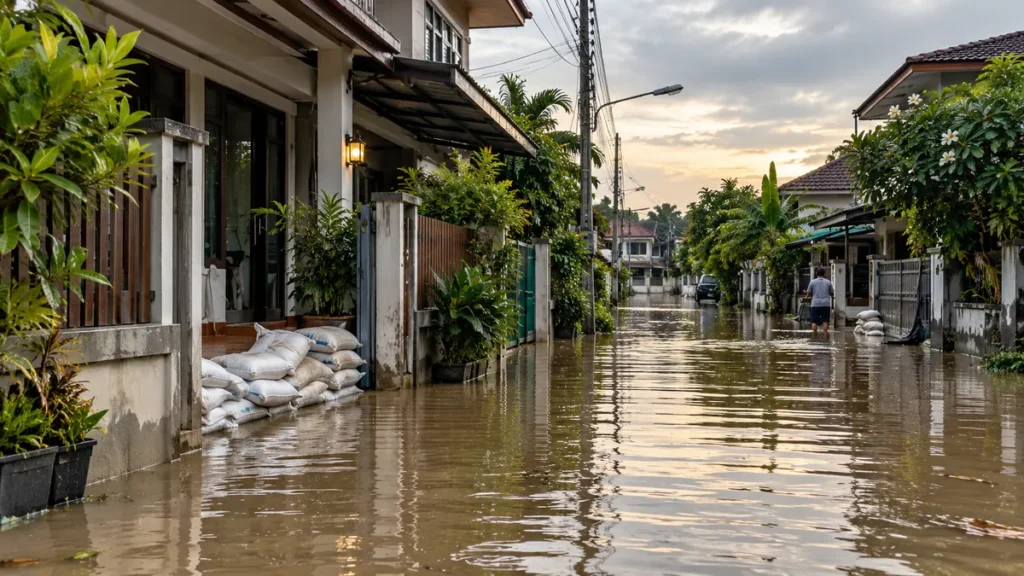 Tayland'da su baskını yaşanan yerleşim alanı, evler ve kum torbaları