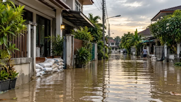Tayland'da su baskını yaşanan yerleşim alanı, evler ve kum torbaları