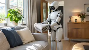 Ev ortamında çamaşır katlayan insansı robot, Tokio Marine HCC ve Adrian Flux sigorta haberine ait temsili görsel