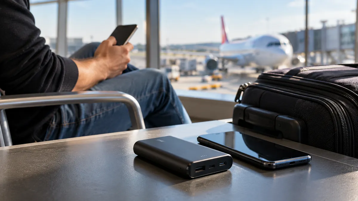 Havalimanı bekleme alanında el bagajının yanında duran powerbank ve akıllı telefon