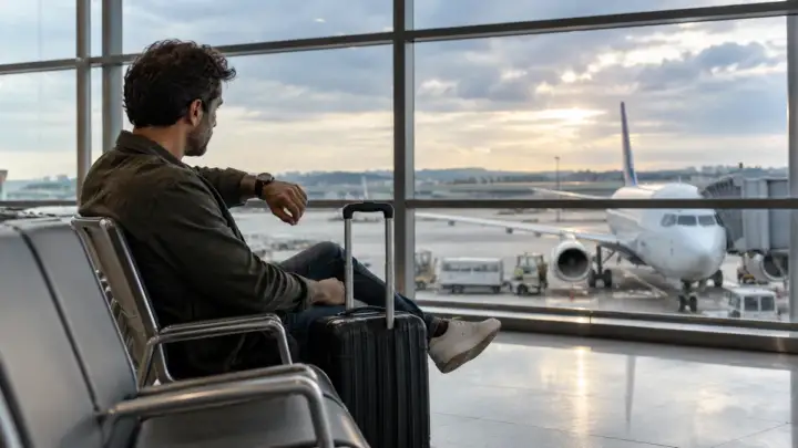 Havaalanı terminalinde rötar sırasında uçuşunu bekleyen yolcu, valiz ve terminal penceresi arkasındaki uçak