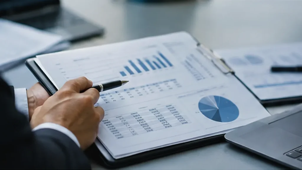 Finansal tabloları ve grafikleri inceleyen kişinin elleri; ICICI Lombard 2026 yılı ikinci çeyrek sonuçlarını temsilen