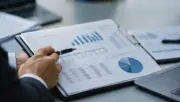 Finansal tabloları ve grafikleri inceleyen kişinin elleri; ICICI Lombard 2026 yılı ikinci çeyrek sonuçlarını temsilen