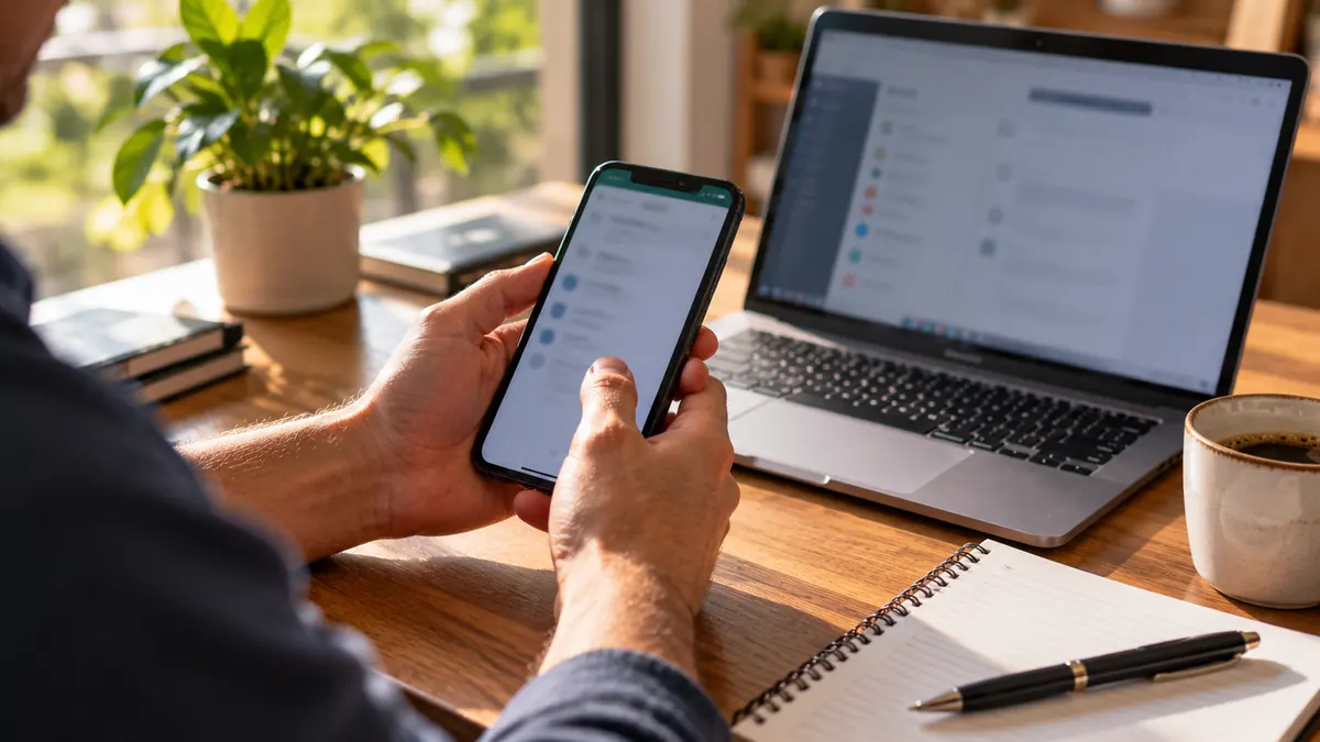 Gün ışığında dizüstü bilgisayarın yanında telefonundan mesajlaşma bağlantılarını kontrol eden kişi