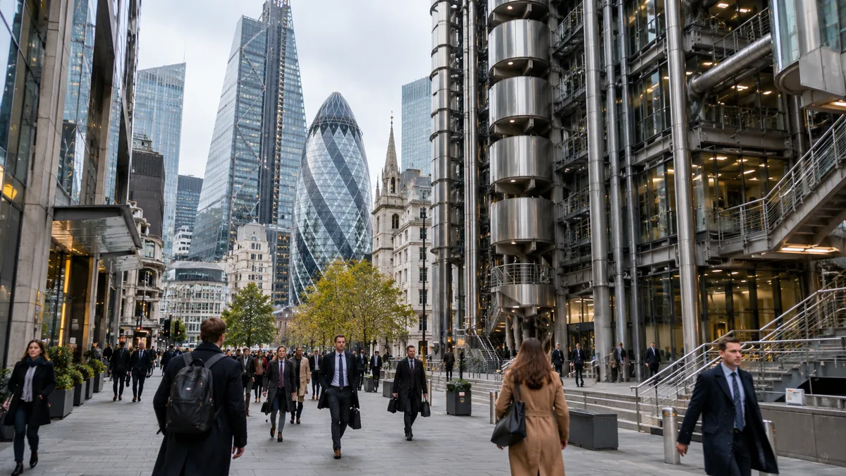 Londra sigorta ve reasürans iş bölgesinde yürüyen profesyoneller ve modern finans merkezi binaları
