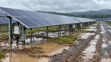 Yağmur sonrasında su birikintileri ve güneş paneli dizileri bulunan enerji santrali; First Solar–Zurich davası temsili