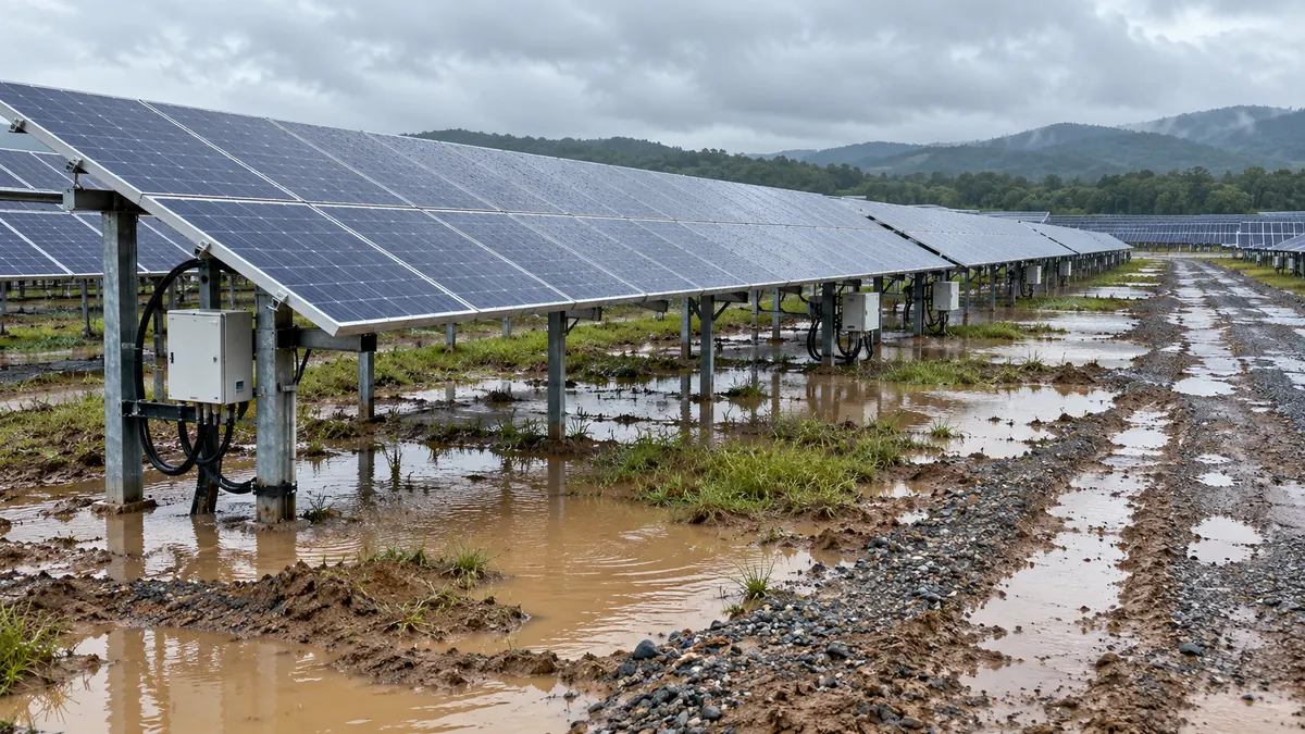 Yağmur sonrasında su birikintileri ve güneş paneli dizileri bulunan enerji santrali; First Solar–Zurich davası temsili