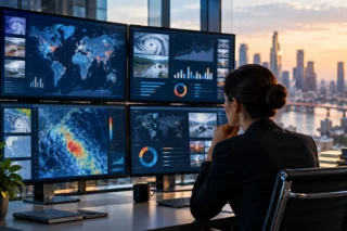 Küresel risk verilerini ekranlarda analiz eden sigorta profesyoneli