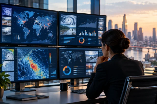 Küresel risk verilerini ekranlarda analiz eden sigorta profesyoneli