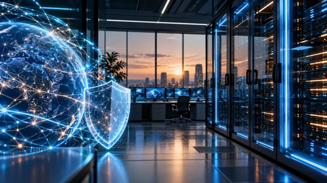 Yapay zeka ve siber risk dayanıklılığını temsil eden veri merkezi