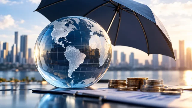 ABD mal ve kaza sigortası sektöründeki kredi notu hareketlerini temsil eden küresel risk koruma görseli