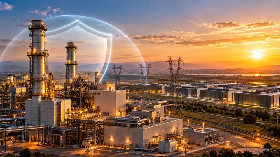 Enerji santrali, elektrik iletim altyapısı ve dijital altyapı risklerini temsil eden özgün görsel