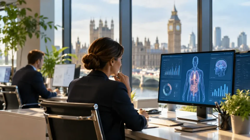 Aviva'nın gelir koruma ve bireysel koruma ürünlerinde yapay zeka destekli underwriting kullanımını temsil eden Londra merkezli sigorta analitiği görseli