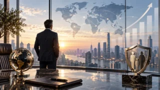 Dünya haritası, büyüme grafiği ve aile koruma kalkanı ile küresel sigorta stratejisini simgeleyen modern yönetici ofisi