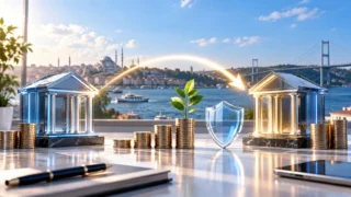 İki finans kurumu arasında güvenli şekilde aktarılan birikimi, madeni paraları ve koruma kalkanını gösteren yazısız BES görseli