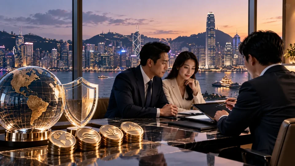 Hong Kong’da çok para birimli hayat sigortası ve miras planlamasını temsil eden özgün görsel