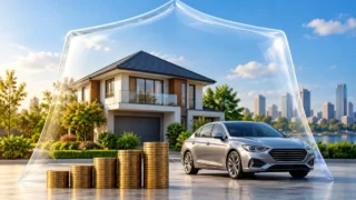 Konut ve otomobil sigortası ile finansal sonuçları temsil eden özgün görsel