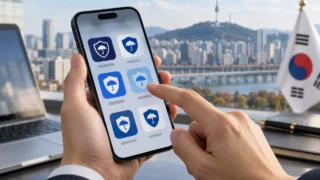 Seul manzarası önünde sigorta uygulamalarını gösteren akıllı telefon