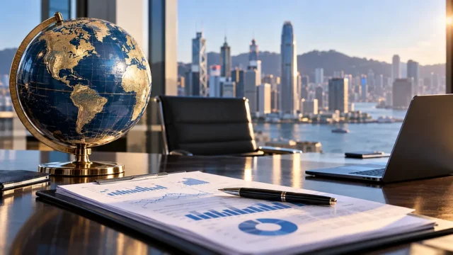Küresel reasürans finansmanını temsil eden kurumsal ofis, dünya küresi ve finansal rapor, özgün temsili görsel