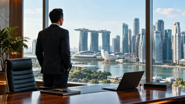 Singapur sigorta sektöründe yönetim ve liderlik temalı profesyonel görsel