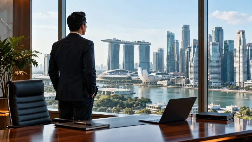 Singapur sigorta sektöründe yönetim ve liderlik temalı profesyonel görsel