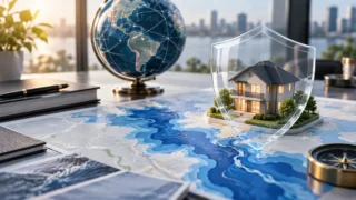 Harita üzerinde koruma kalkanı içindeki ev modeli, küresel risk analitiği ve mülk sigortasını simgeleyen modern kurumsal görsel