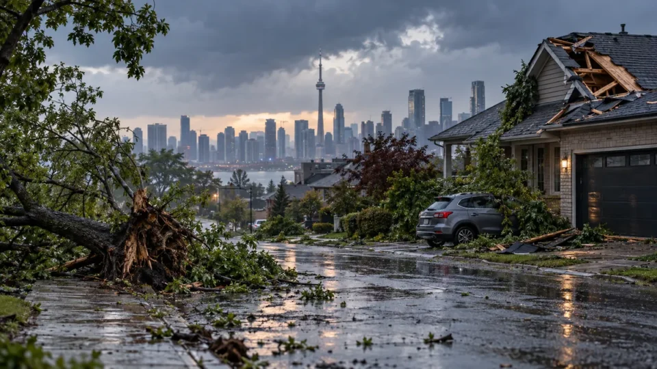 Kanada Toronto çevresinde şiddetli fırtına sonrası konut hasarlarını temsil eden özgün görsel