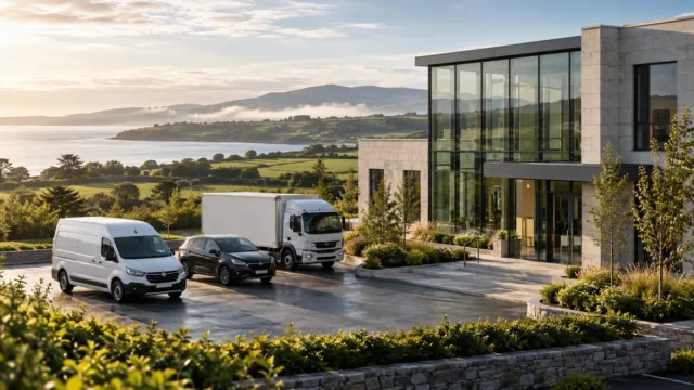 İrlanda'da sigorta aracılığı ve motorlu taşıt sigortalarını temsil eden modern bina ile otomobil, panelvan ve kamyon, temsili görsel