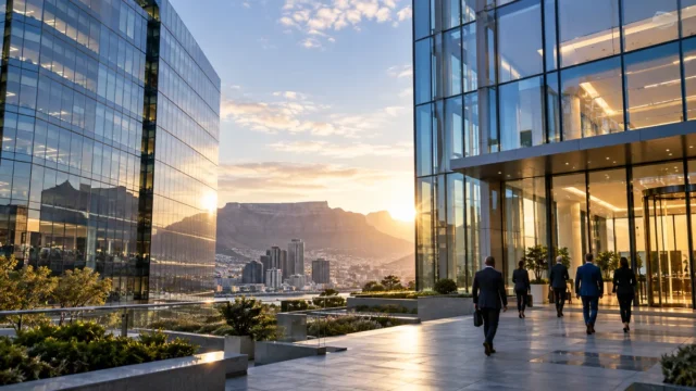 Güney Afrika'da Sanlam Santam sigorta satın alma teklifini temsil eden modern ofis binaları, temsili görsel