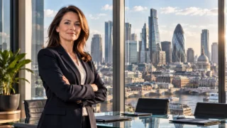 Londra sigorta piyasasında üst düzey kadın yönetici ve kurumsal liderliği temsil eden profesyonel görsel