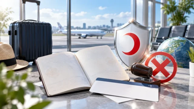 Havalimanında pasaport, valiz ve kırmızı hilalli koruma kalkanı ile vize reddi ve seyahat sağlık sigortasını simgeleyen yazısız görsel