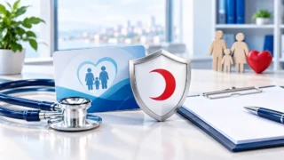 Tamamlayıcı sağlık sigortası ve aktif sağlık güvencesini simgeleyen yazısız kırmızı hilalli sağlık koruma görseli