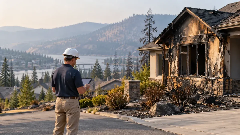 Spokane yangınları sonrası sigortalı hasar incelemesini temsil eden profesyonel görsel