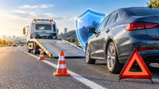 Trafik sigortası çekici ve yol yardım konusunu simgeleyen yazısız otoyol ve çekici görseli