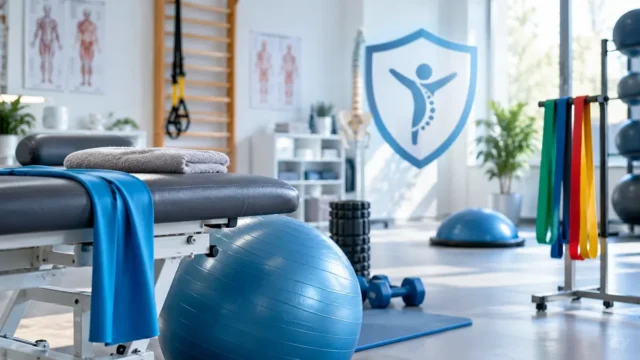 Tamamlayıcı sağlık sigortasında fizik tedavi ve rehabilitasyonu simgeleyen yazısız modern klinik görseli